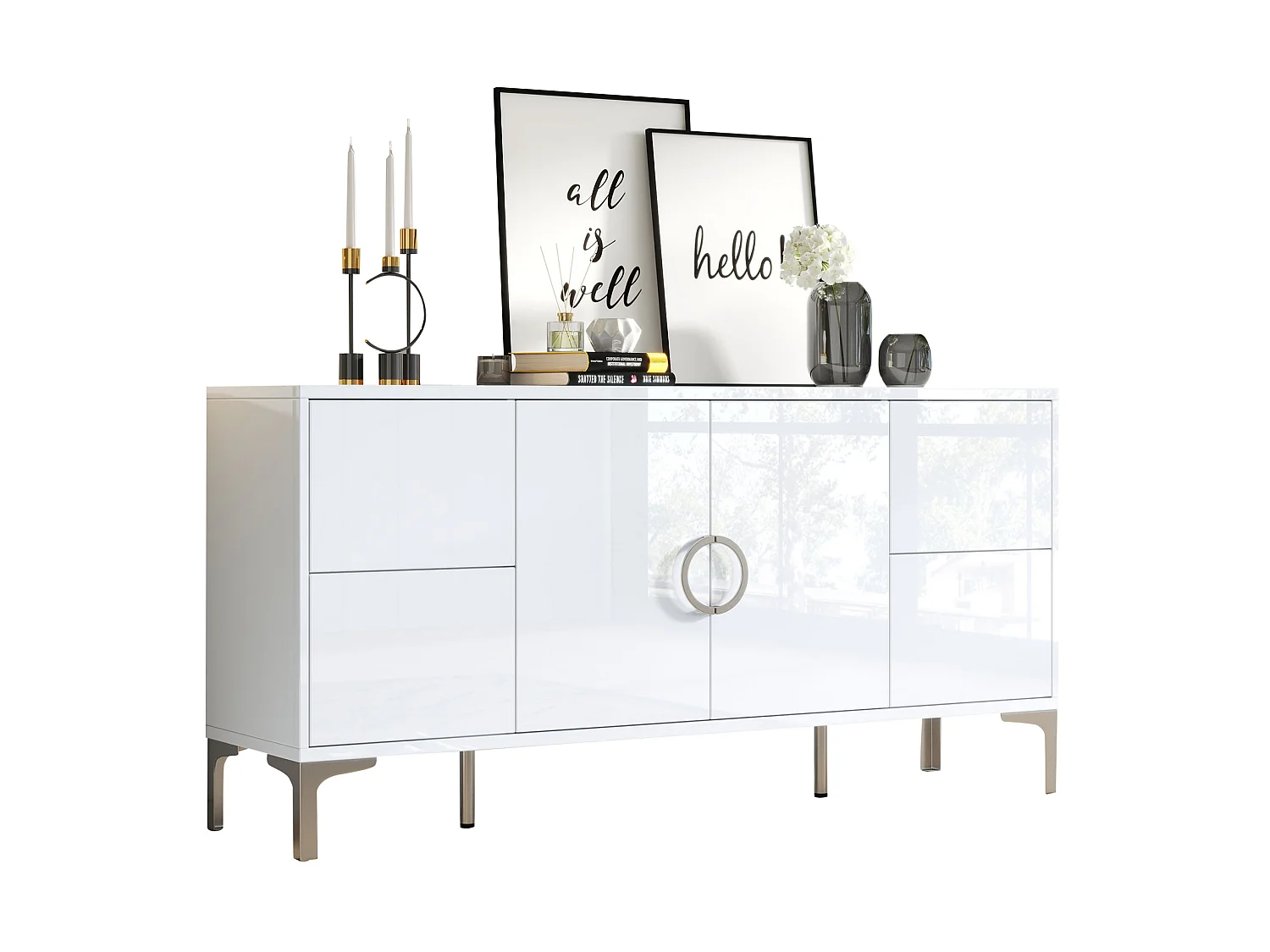 Buffet avec 4 tiroirs et 2 portes, en MDF, blanc, 150 x 38 x 59,5 cm