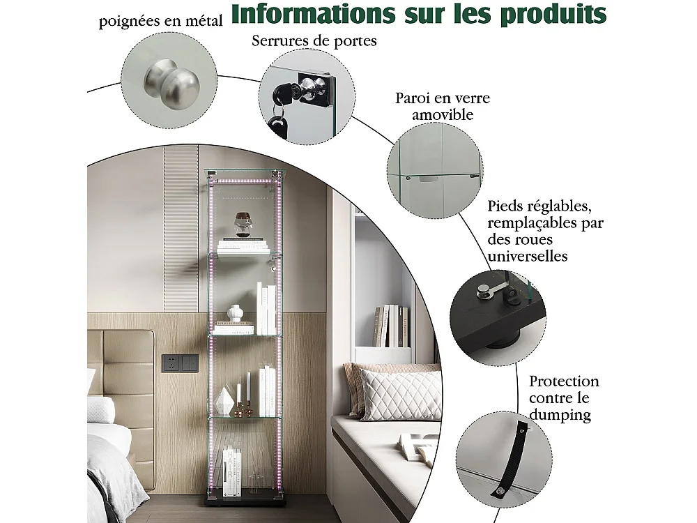 Armoire d'affichage moderne - 4 couches 1 porte - avec éclairage - verre trempé - bande LED - noir