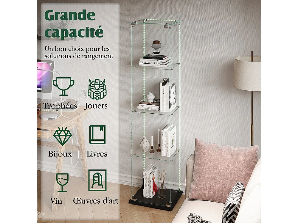 Armoire d'affichage moderne - 4 couches 1 porte - avec éclairage - verre trempé - bande LED - noir