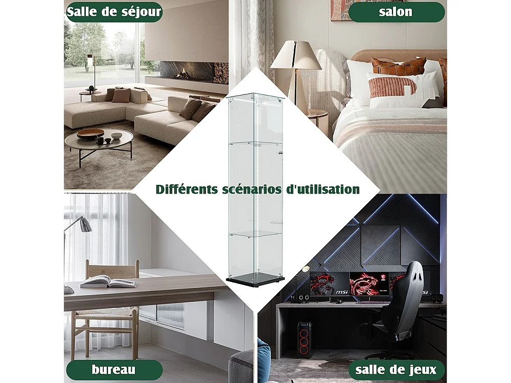 Armoire d'affichage moderne - 4 couches 1 porte - avec éclairage - verre trempé - bande LED - noir