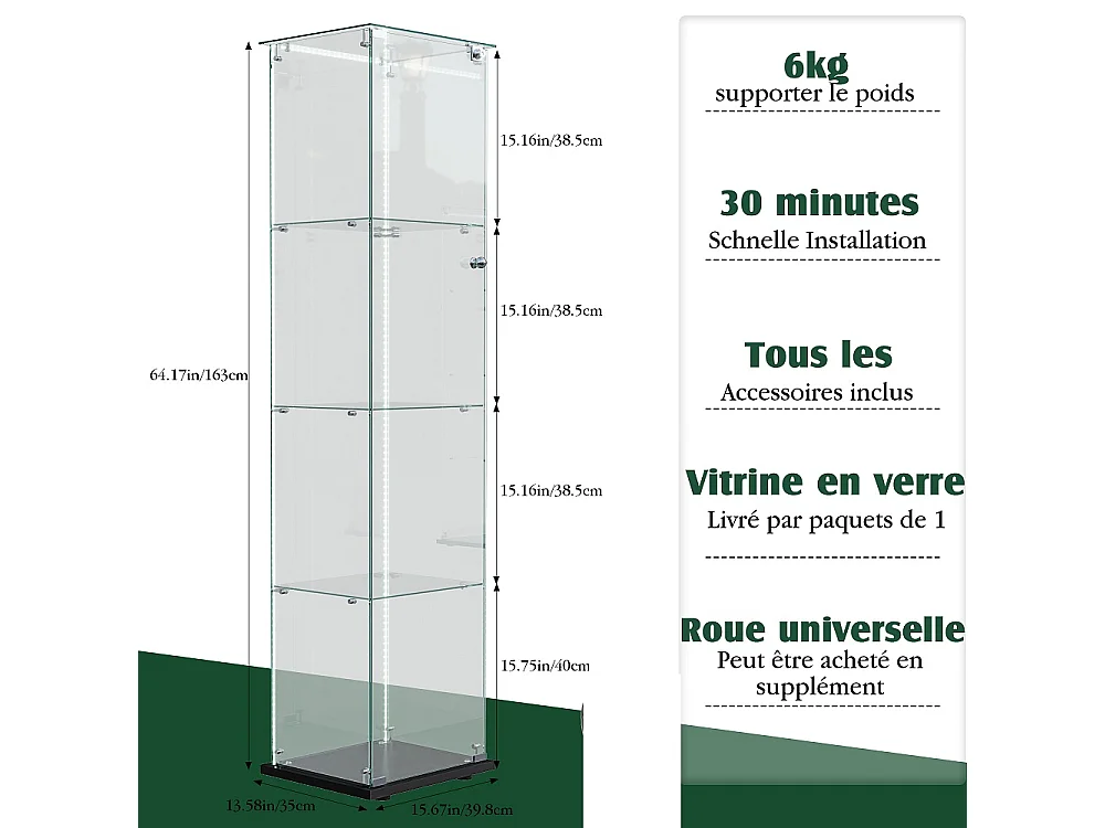 Armoire d'affichage moderne - 4 couches 1 porte - avec éclairage - verre trempé - bande LED - noir