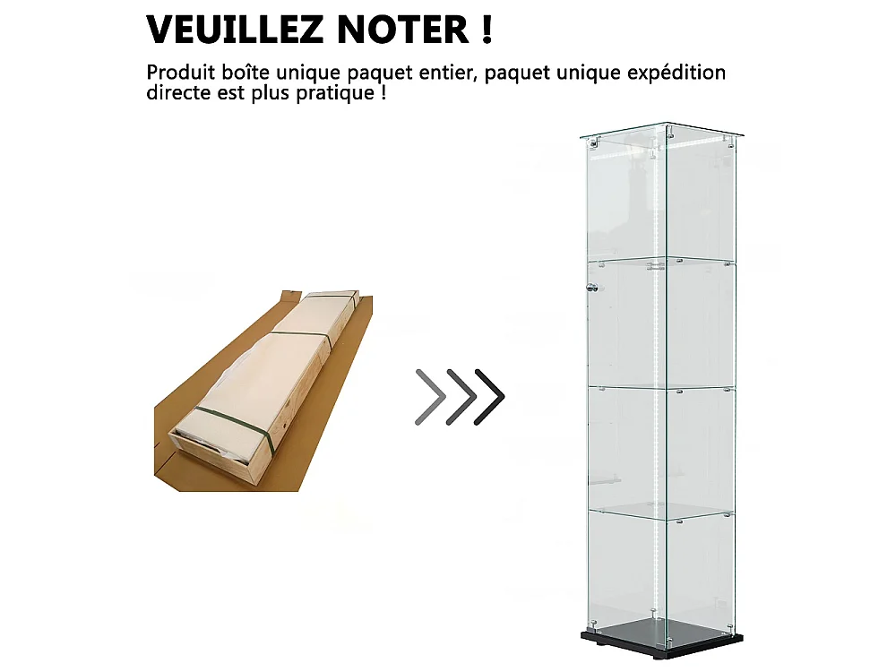 Armoire d'affichage moderne - 4 couches 1 porte - avec éclairage - verre trempé - bande LED - noir