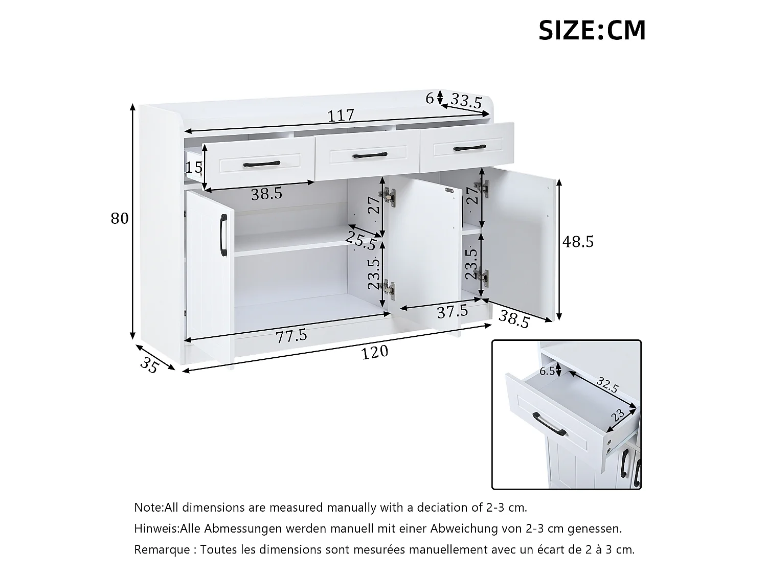 Buffet avec 3 tiroirs et 3 portes, blanc, 120 x 35 x 80 cm