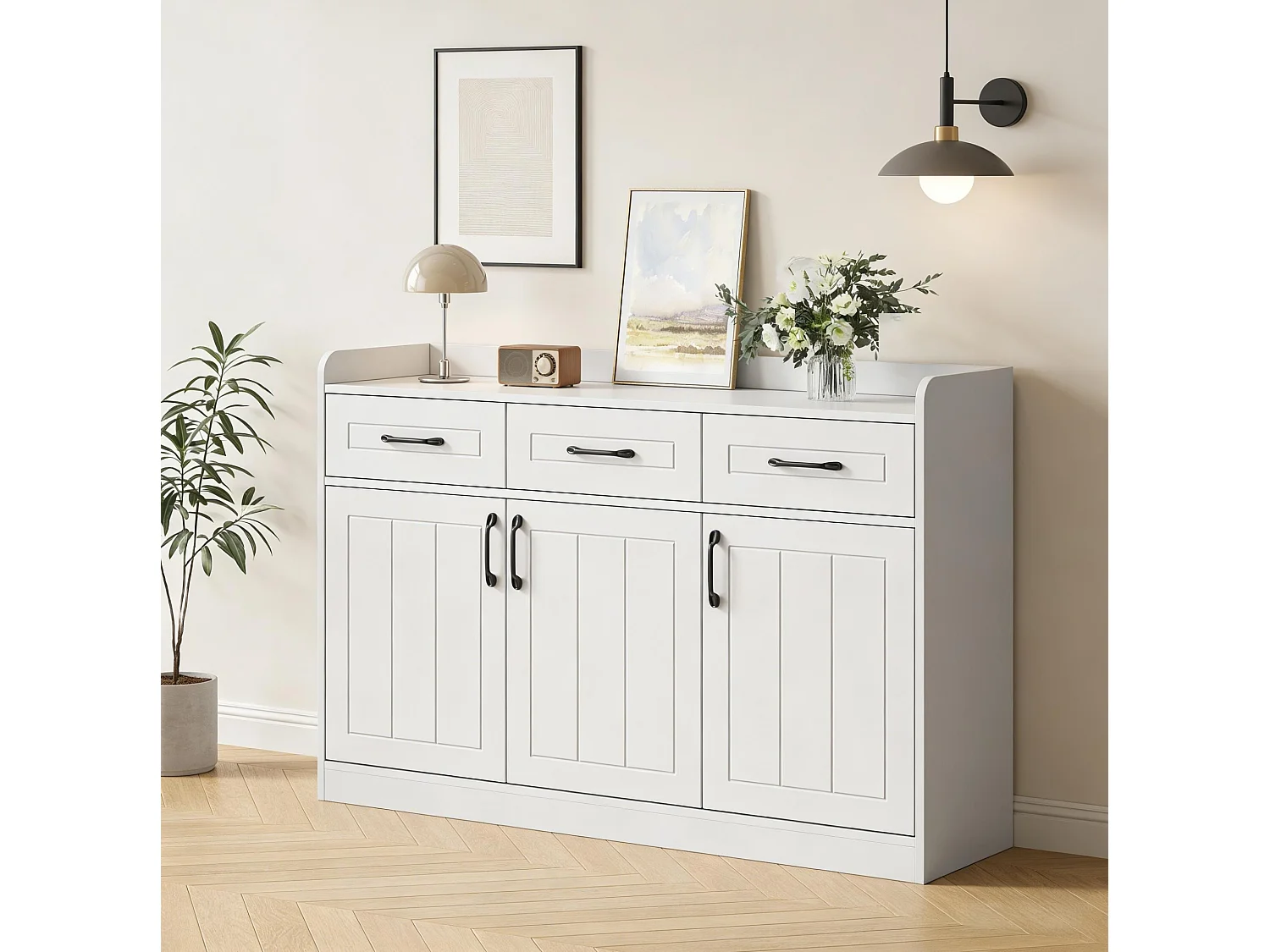 Buffet avec 3 tiroirs et 3 portes, blanc, 120 x 35 x 80 cm