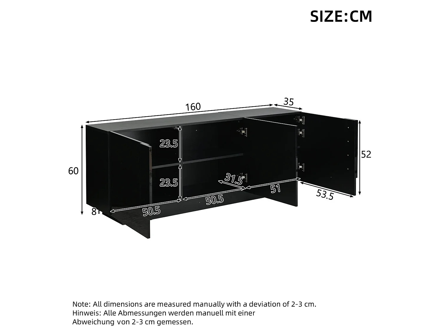 Buffet avec 3 portes et 6 étagères, finition brillante, noir, 160 x 35 x 60 cm
