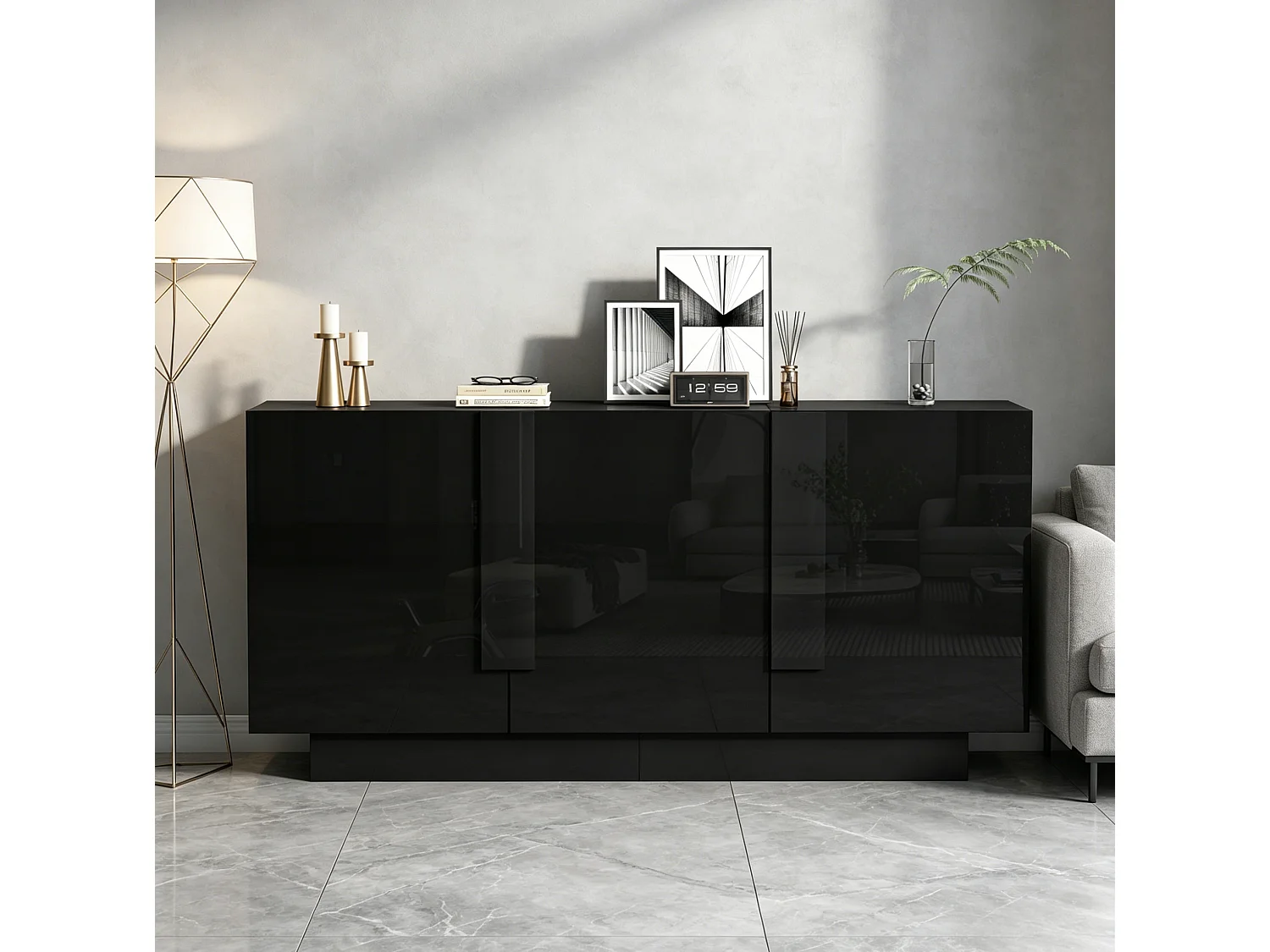 Buffet avec 3 portes et 6 étagères, finition brillante, noir, 160 x 35 x 60 cm