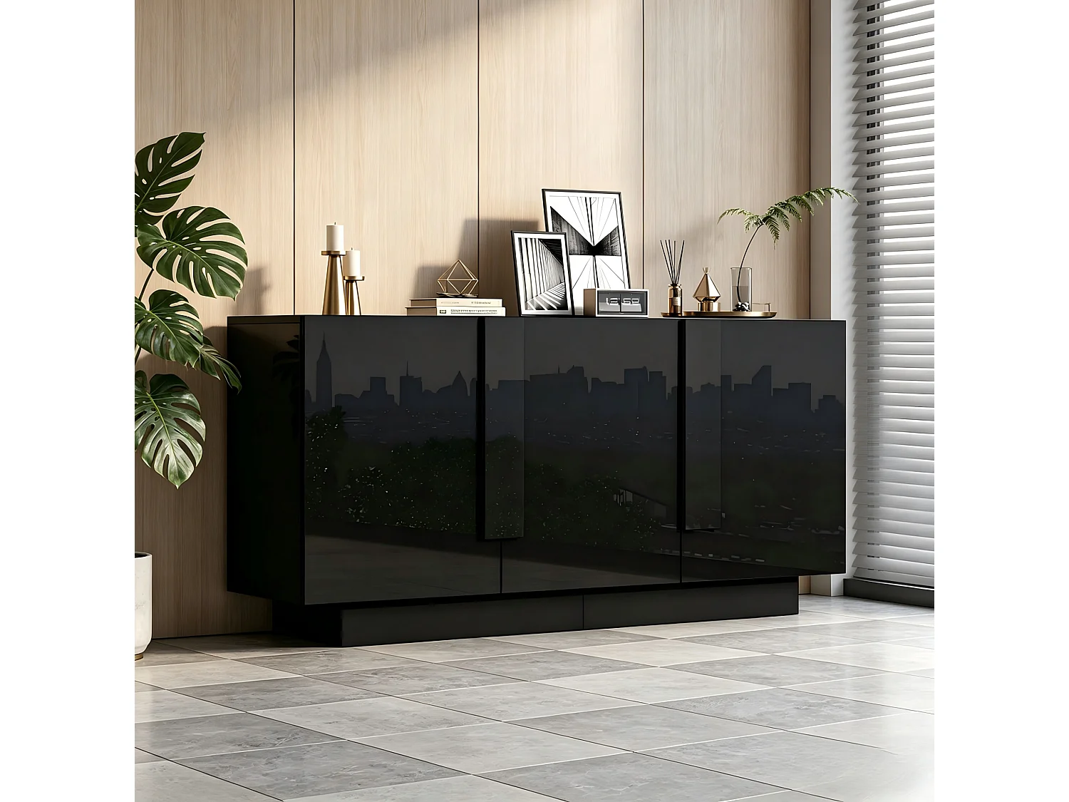 Buffet avec 3 portes et 6 étagères, finition brillante, noir, 160 x 35 x 60 cm
