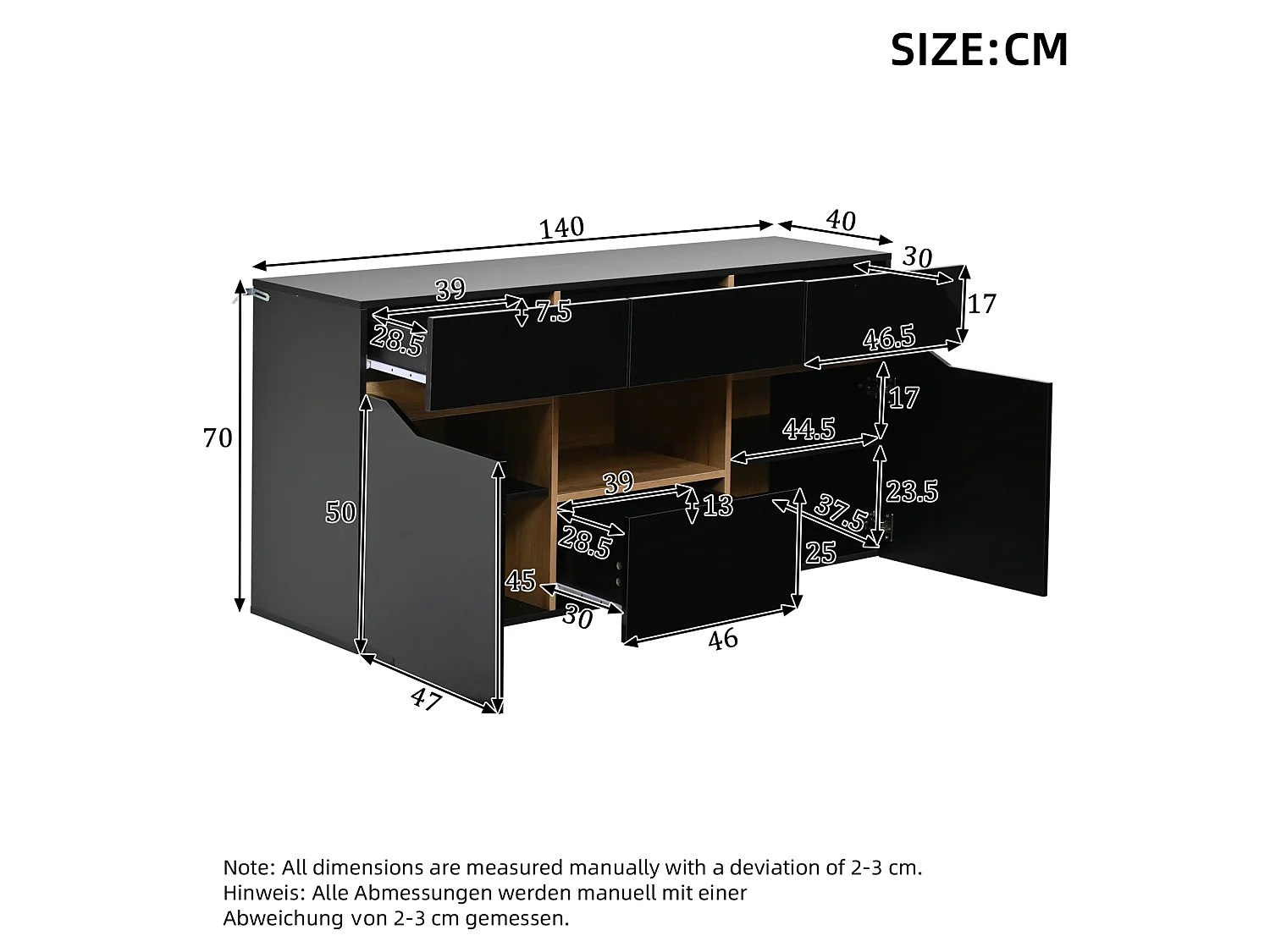Buffet de cuisine avec led, 4 tiroirs et 2 placards, noir, 140 x 40 x 70 cm