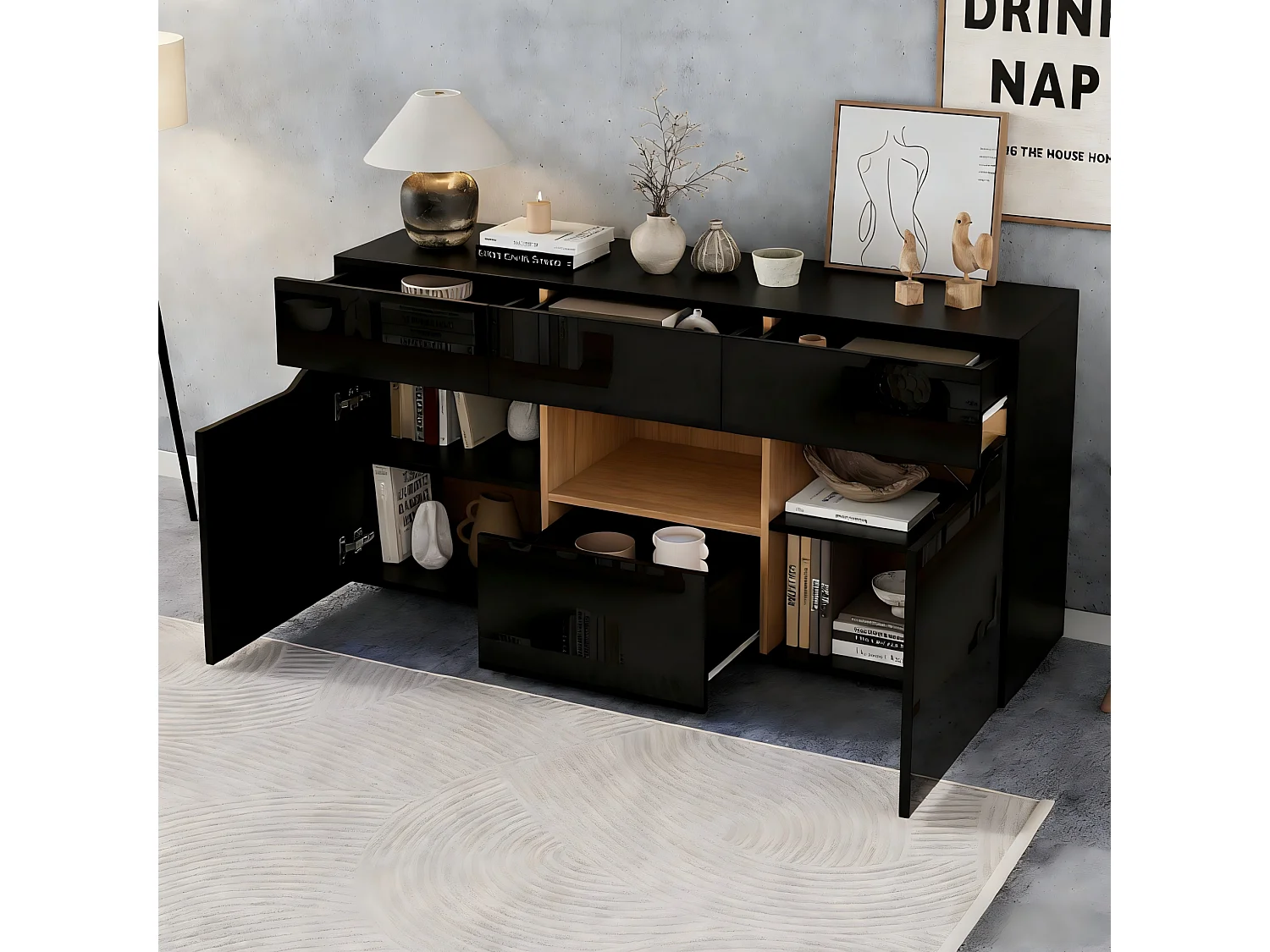Buffet de cuisine avec led, 4 tiroirs et 2 placards, noir, 140 x 40 x 70 cm