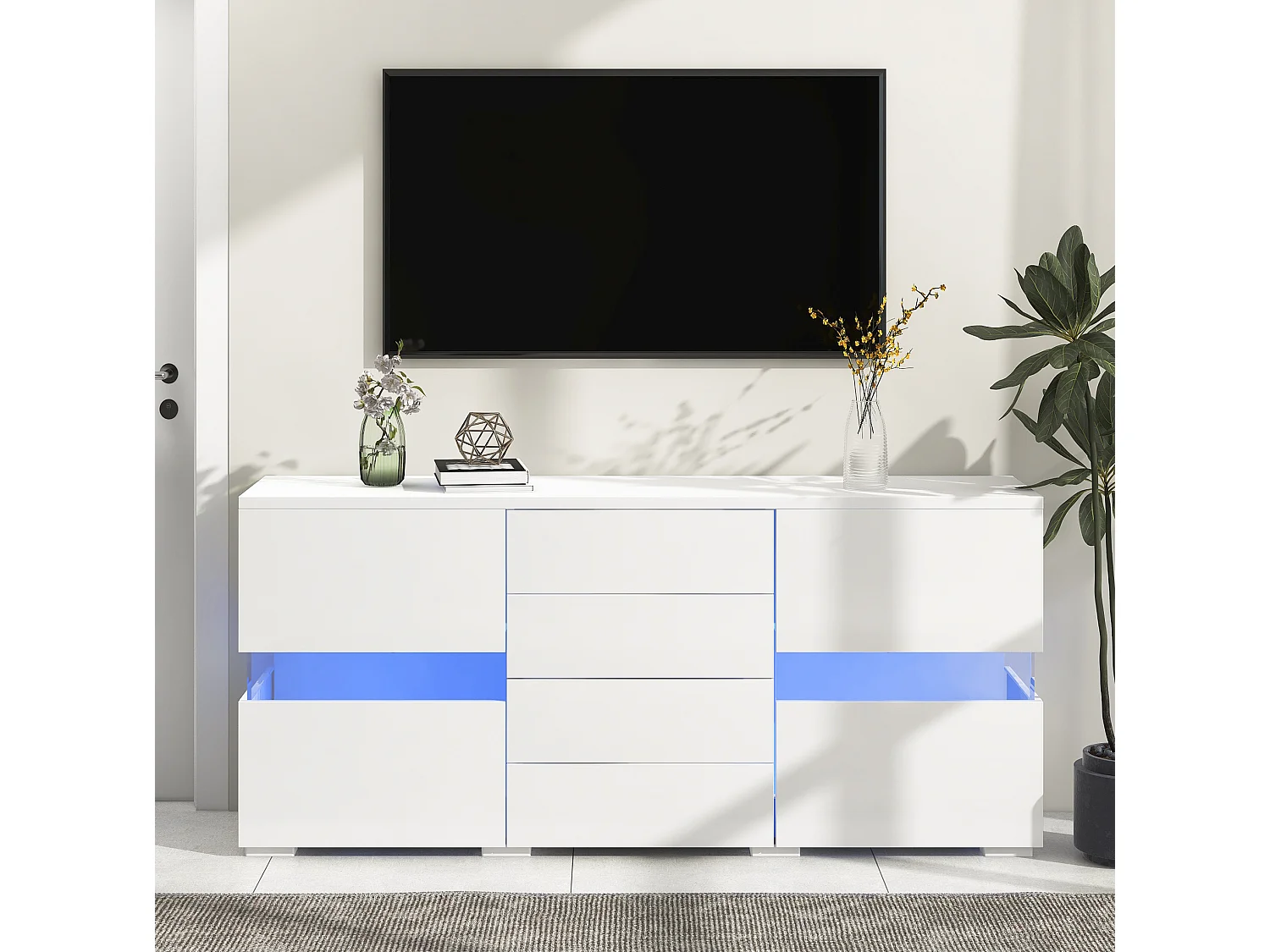 Buffet avec led, 2 portes acryliques transparentes et 4 tiroirs, blanc, 140 x 35 x 72 cm