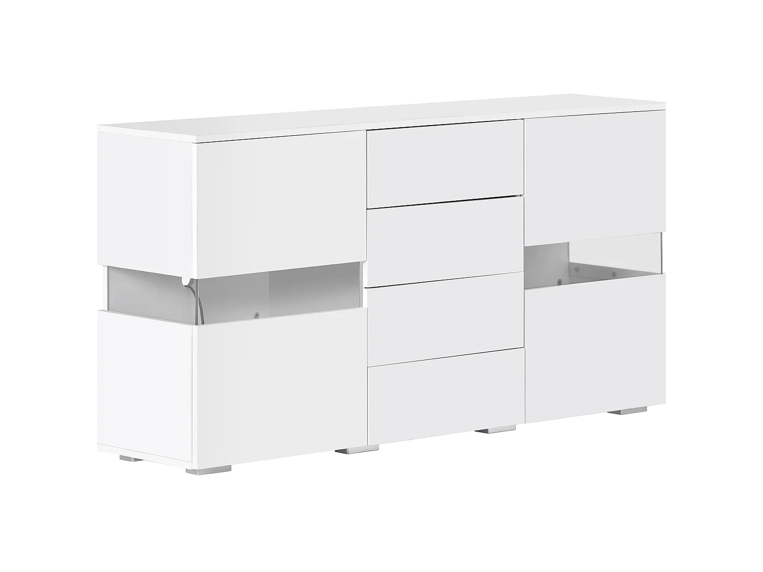 Buffet avec led, 2 portes acryliques transparentes et 4 tiroirs, blanc, 140 x 35 x 72 cm