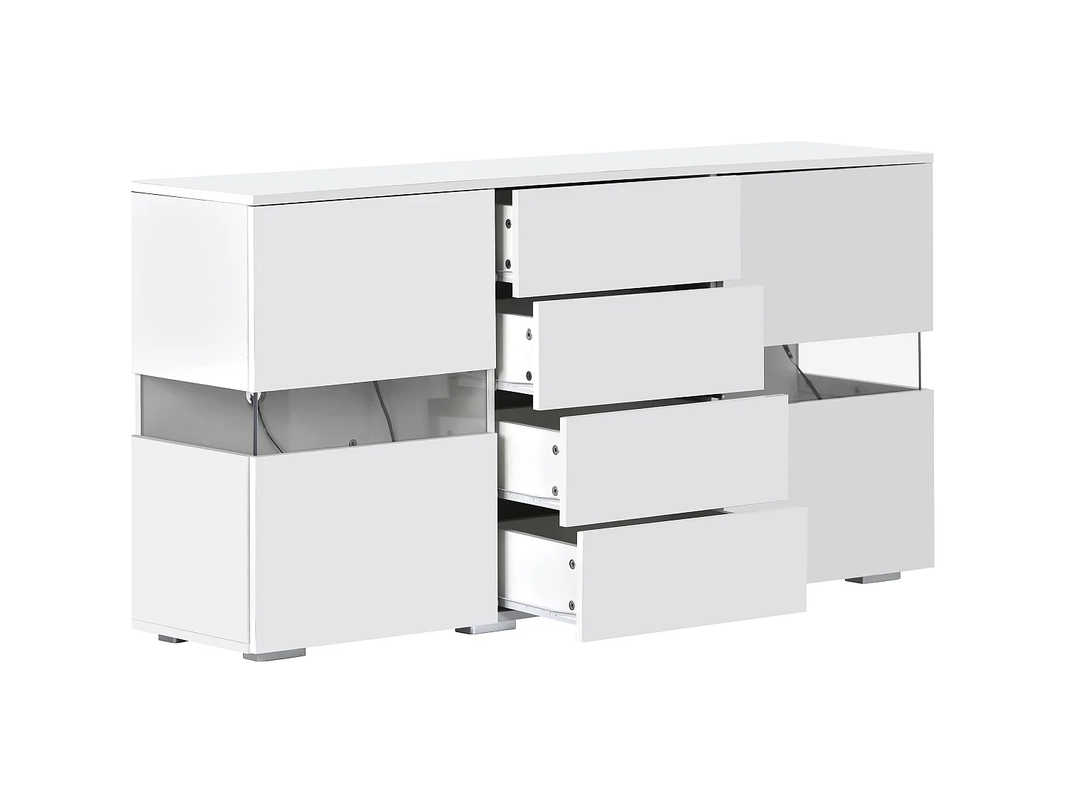 Buffet avec led, 2 portes acryliques transparentes et 4 tiroirs, blanc, 140 x 35 x 72 cm
