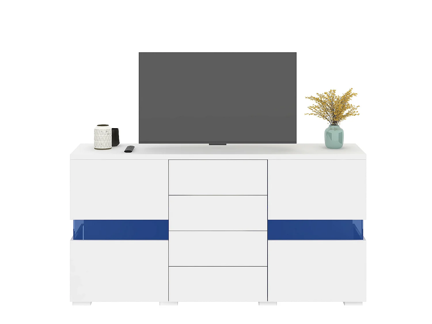 Buffet avec led, 2 portes acryliques transparentes et 4 tiroirs, blanc, 140 x 35 x 72 cm
