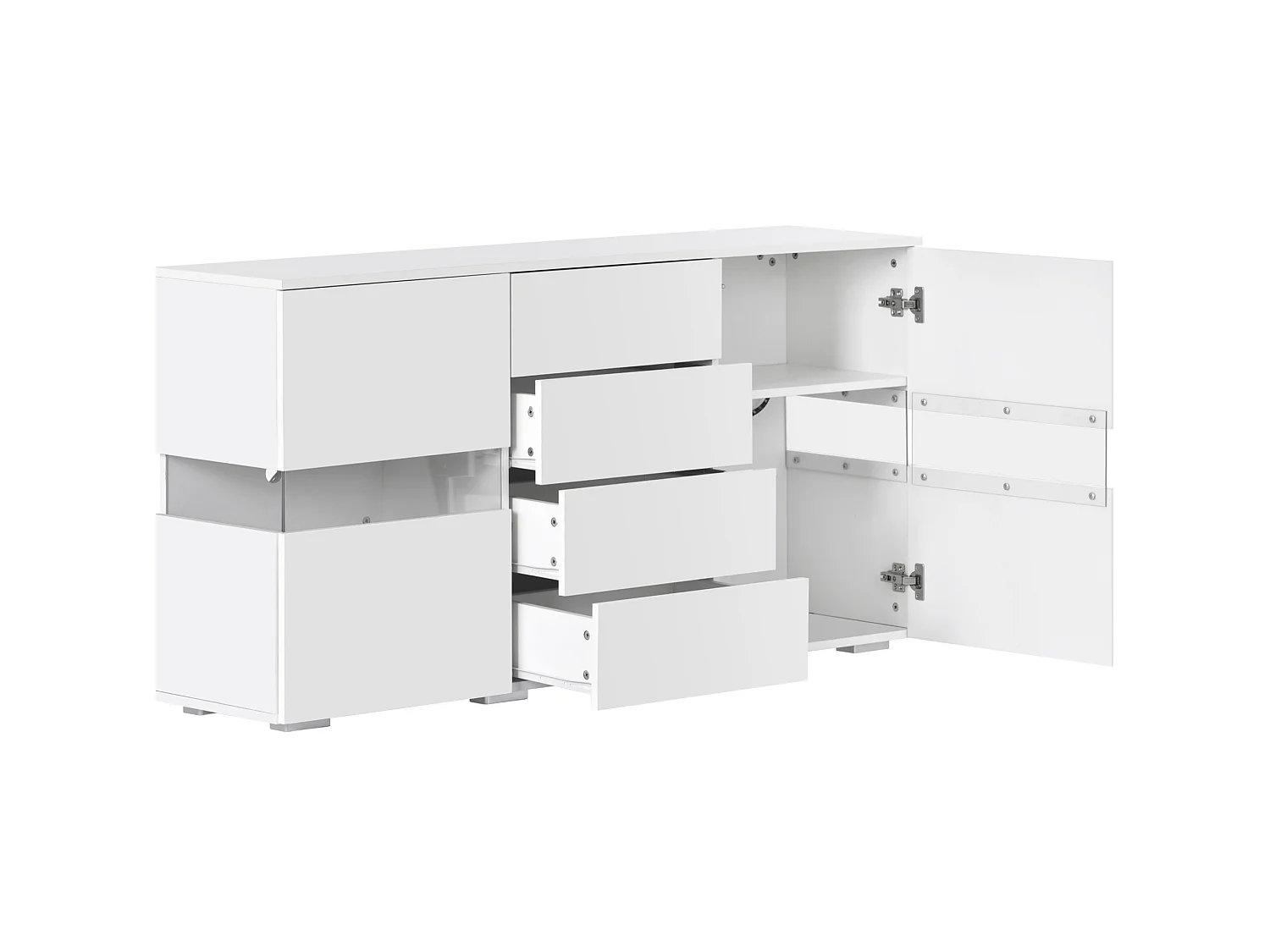 Buffet avec led, 2 portes acryliques transparentes et 4 tiroirs, blanc, 140 x 35 x 72 cm