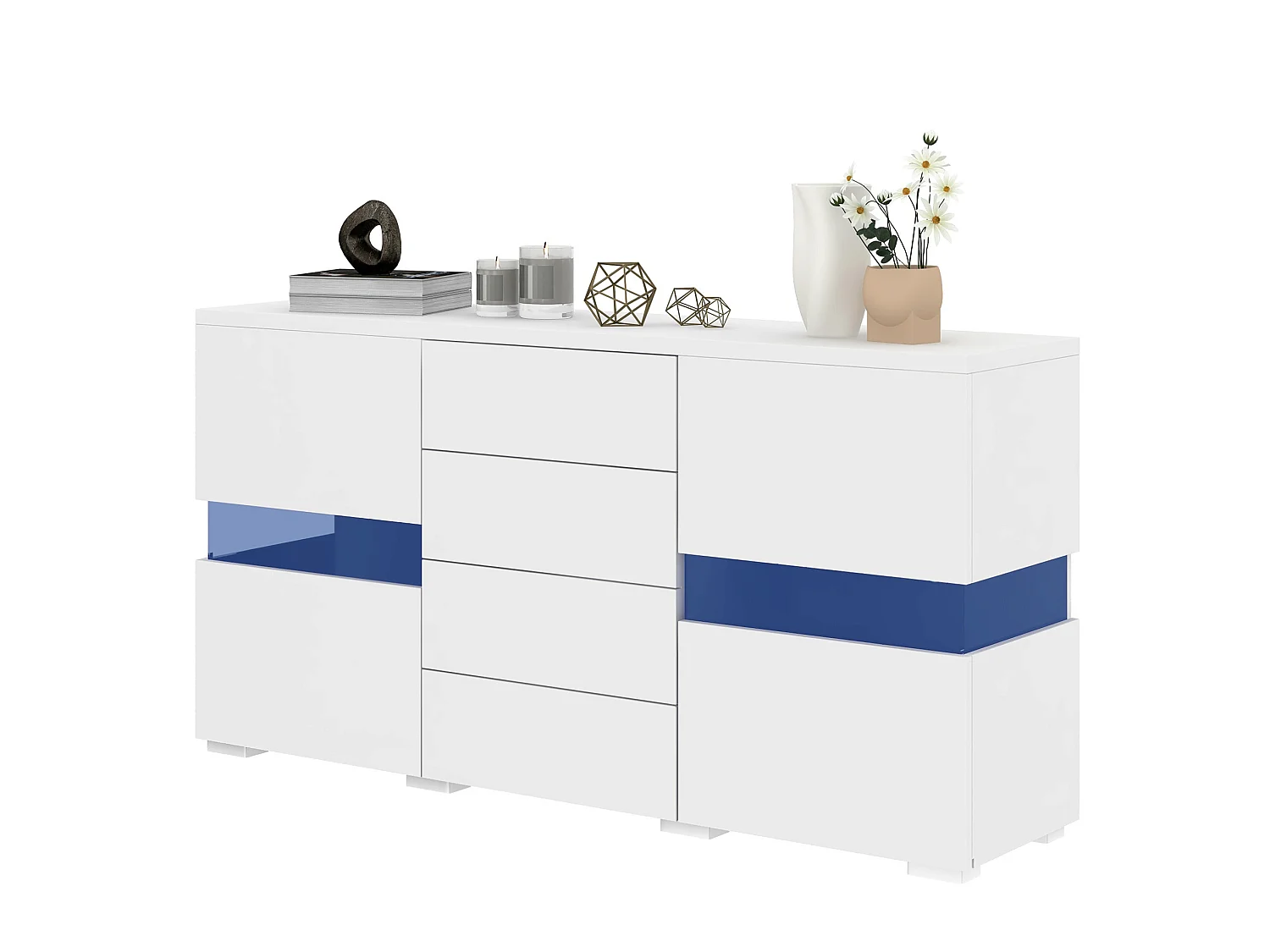 Buffet avec led, 2 portes acryliques transparentes et 4 tiroirs, blanc, 140 x 35 x 72 cm