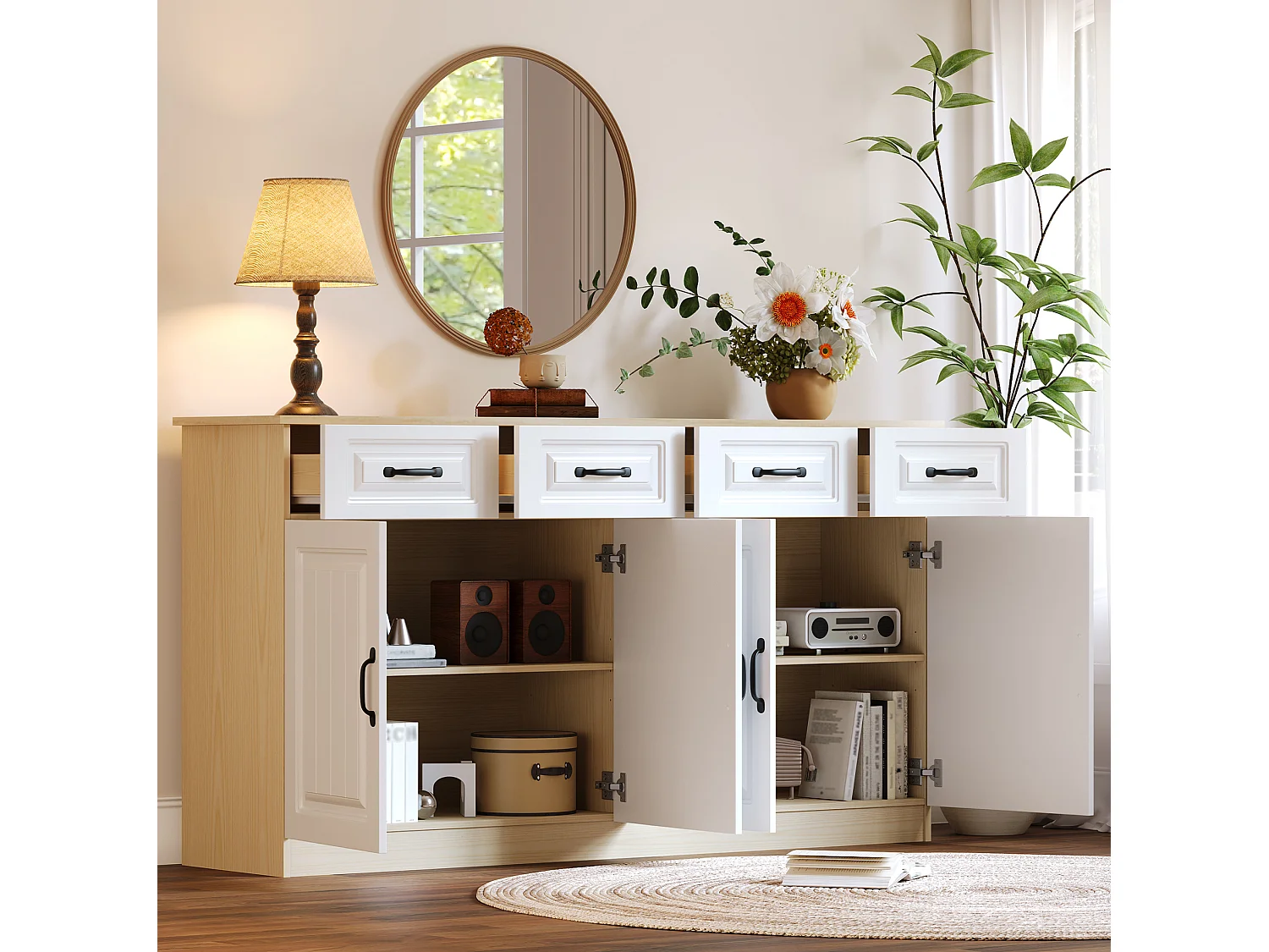 Buffet avec 4 tiroirs, 4 portes et 2 étagères, blanc et naturel, 160 x 35 x 80 cm