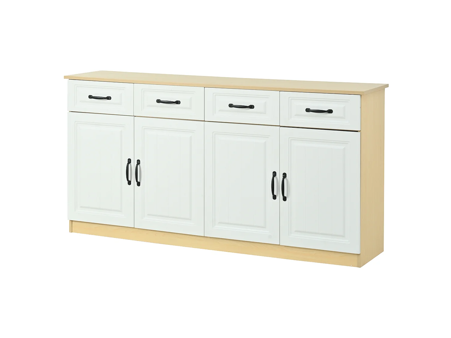 Buffet avec 4 tiroirs, 4 portes et 2 étagères, blanc et naturel, 160 x 35 x 80 cm