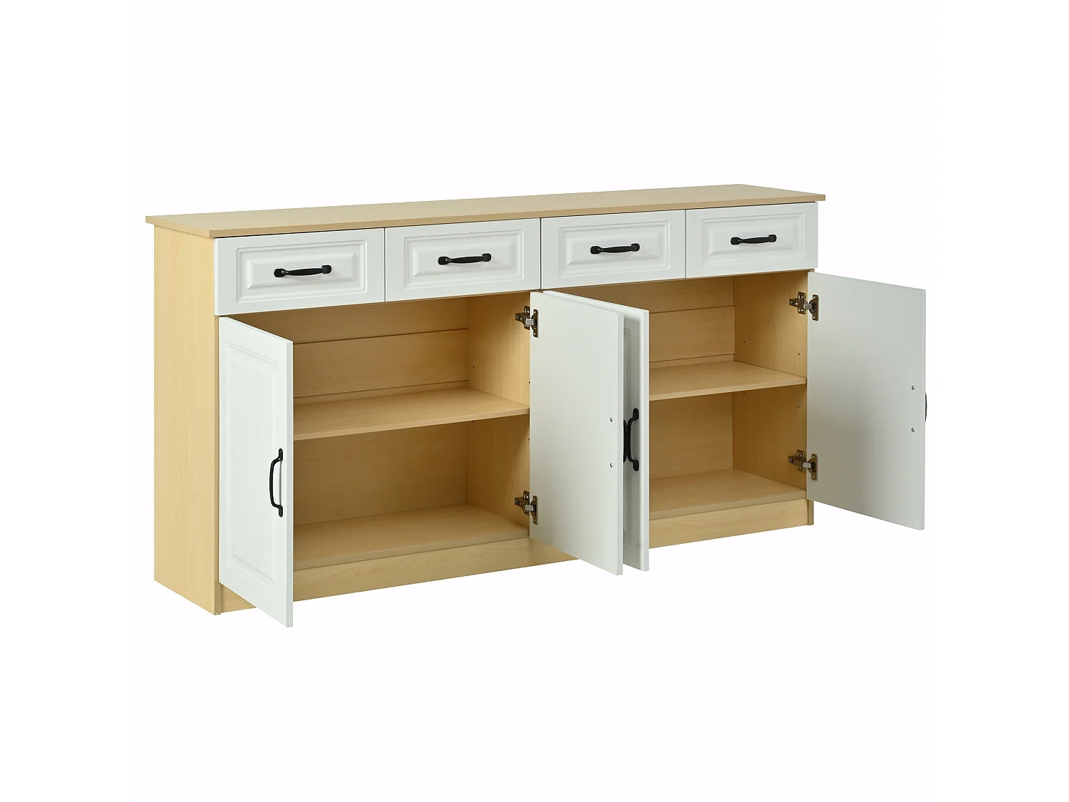 Buffet avec 4 tiroirs, 4 portes et 2 étagères, blanc et naturel, 160 x 35 x 80 cm