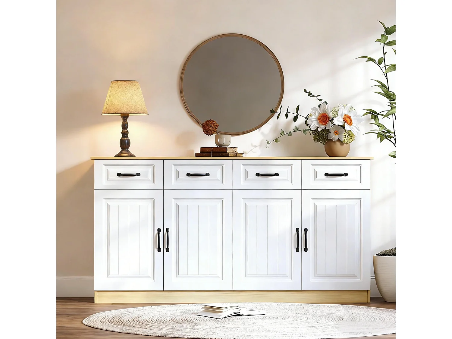 Buffet avec 4 tiroirs, 4 portes et 2 étagères, blanc et naturel, 160 x 35 x 80 cm