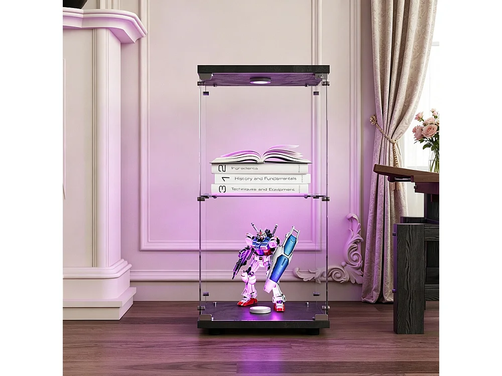 Affichage transparent à 2 niveaux - 86.2 x 40.3 x 36.5 cm - Porte simple avec éclairage LED - Verre trempé - Noir