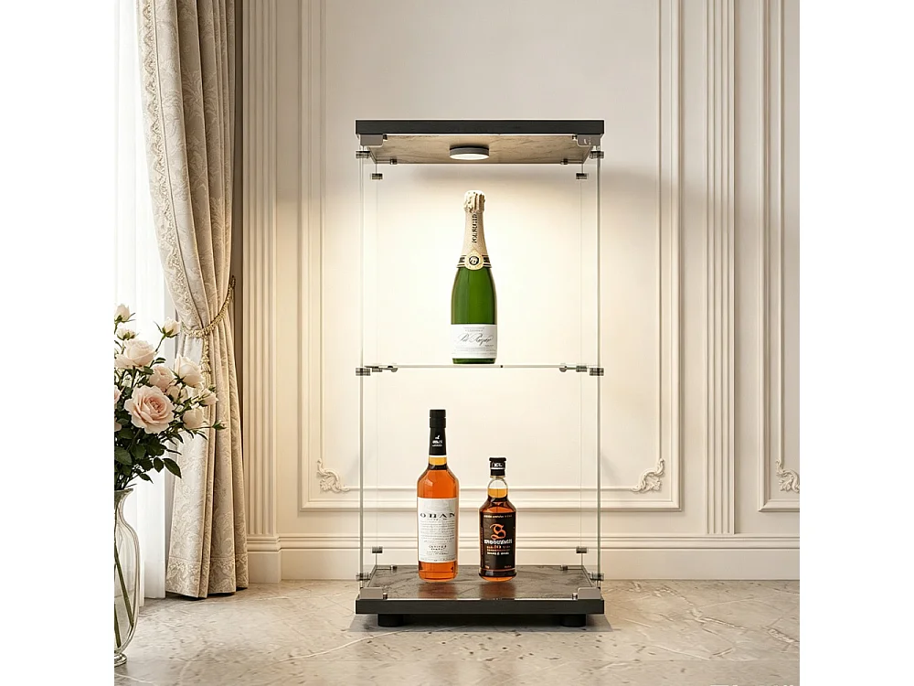 Affichage transparent à 2 niveaux - 86.2 x 40.3 x 36.5 cm - Porte simple avec éclairage LED - Verre trempé - Noir