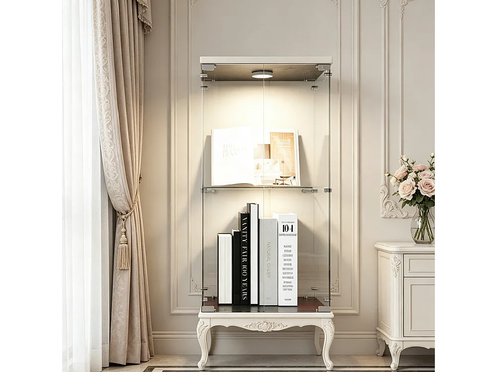 Affichage transparent à 2 niveaux - 86.2 x 40.3 x 36.5 cm - Porte simple avec éclairage LED - Verre trempé - Noir