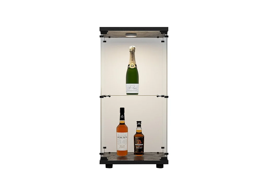 Affichage transparent à 2 niveaux - 86.2 x 40.3 x 36.5 cm - Porte simple avec éclairage LED - Verre trempé - Noir