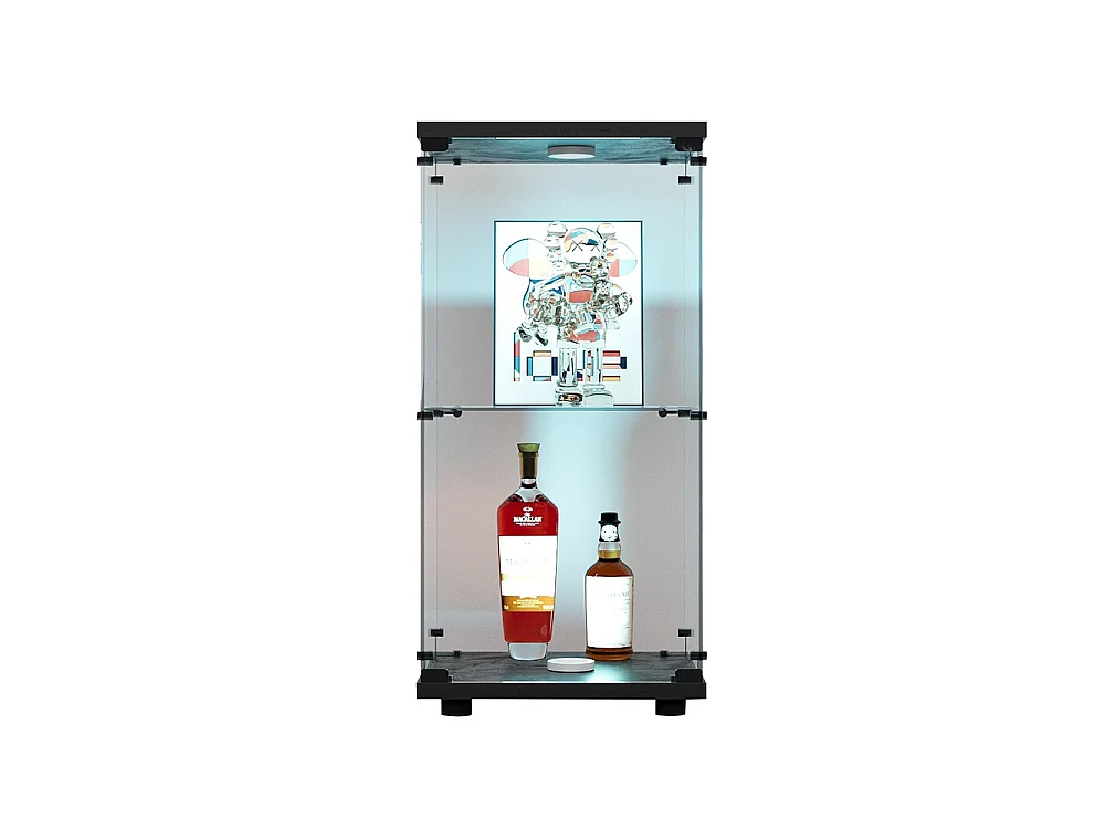 Affichage transparent à 2 niveaux - 86.2 x 40.3 x 36.5 cm - Porte simple avec éclairage LED - Verre trempé - Noir
