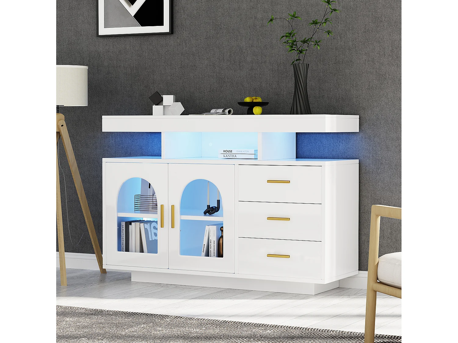 Buffet avec led, 3 tiroirs, 2 portes et 3 niches, blanc, 120 x 40 x 80 cm