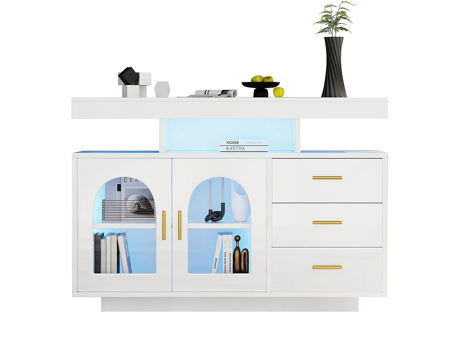 Buffet avec led, 3 tiroirs, 2 portes et 3 niches, blanc, 120 x 40 x 80 cm