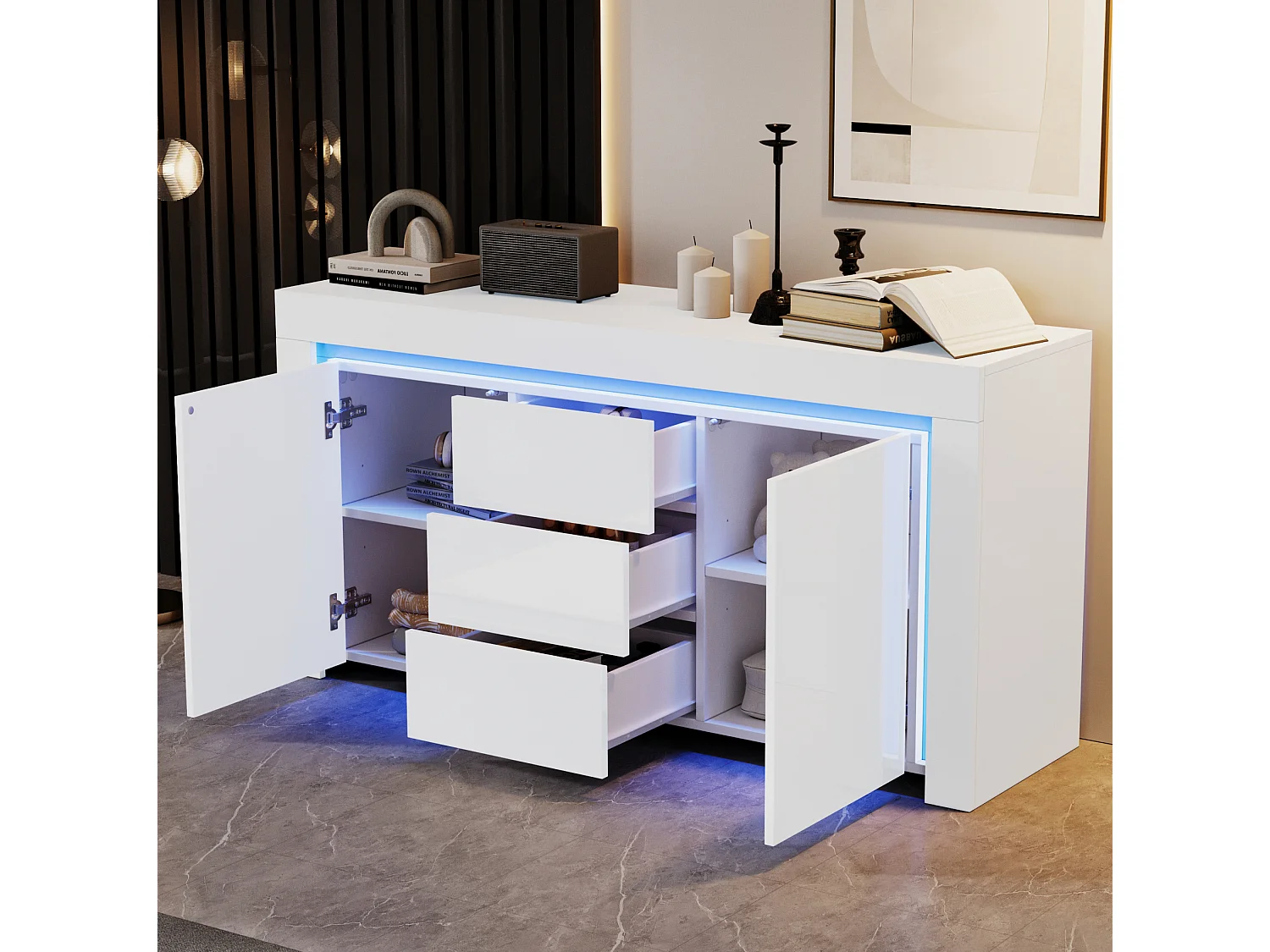 Buffet avec led, 2 portes et 3 tiroirs, blanc, 140 x 40 x 65 cm