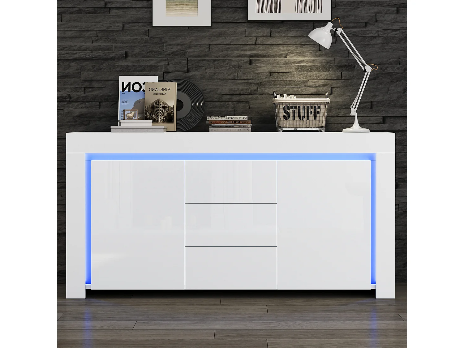 Buffet avec led, 2 portes et 3 tiroirs, blanc, 140 x 40 x 65 cm