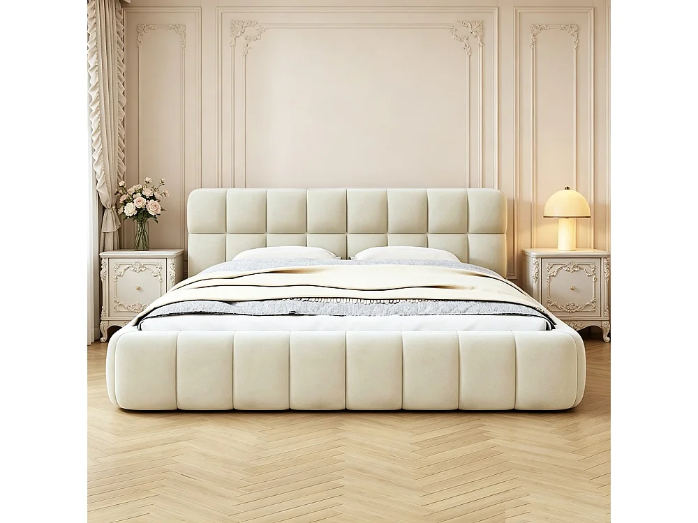 Lit plat - 140 x 200 cm - avec cadre à lames et tête rembourrée - Sans pieds - Linge de maison - Beige