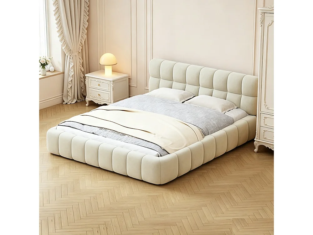 Lit plat - 140 x 200 cm - avec cadre à lames et tête rembourrée - Sans pieds - Linge de maison - Beige
