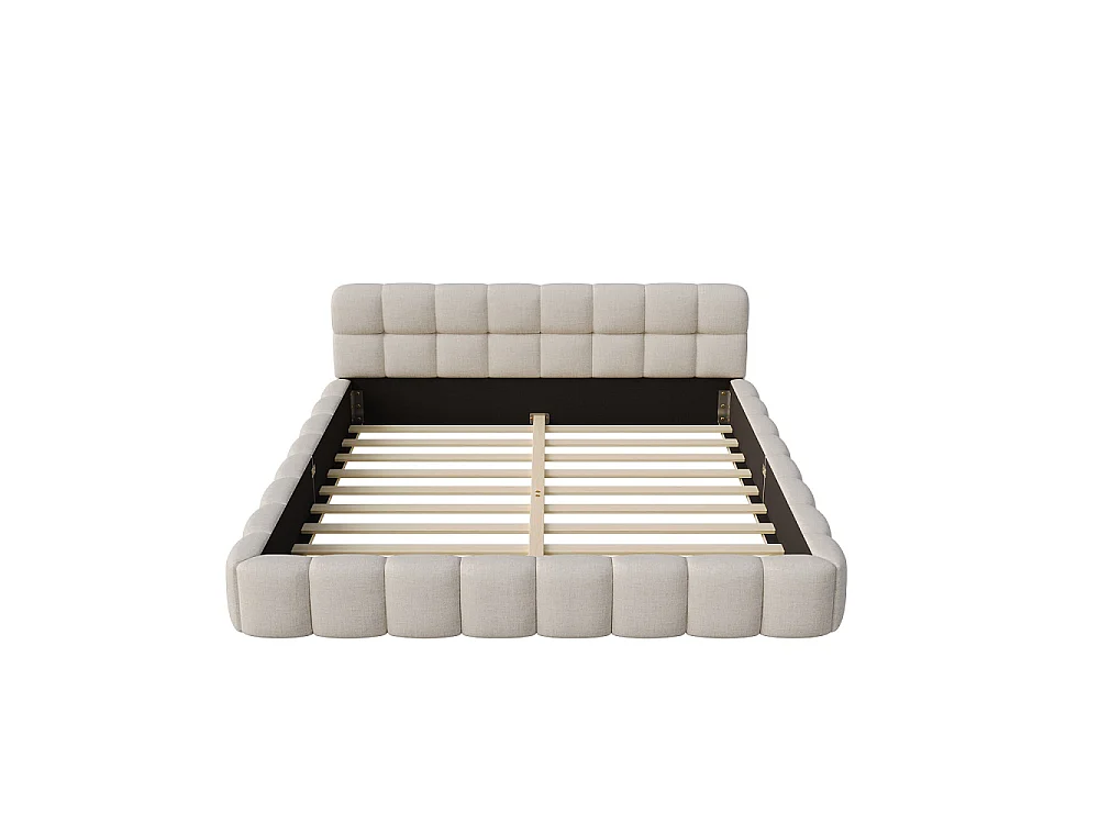 Lit plat - 140 x 200 cm - avec cadre à lames et tête rembourrée - Sans pieds - Linge de maison - Beige
