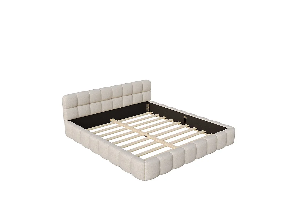 Lit plat - 140 x 200 cm - avec cadre à lames et tête rembourrée - Sans pieds - Linge de maison - Beige