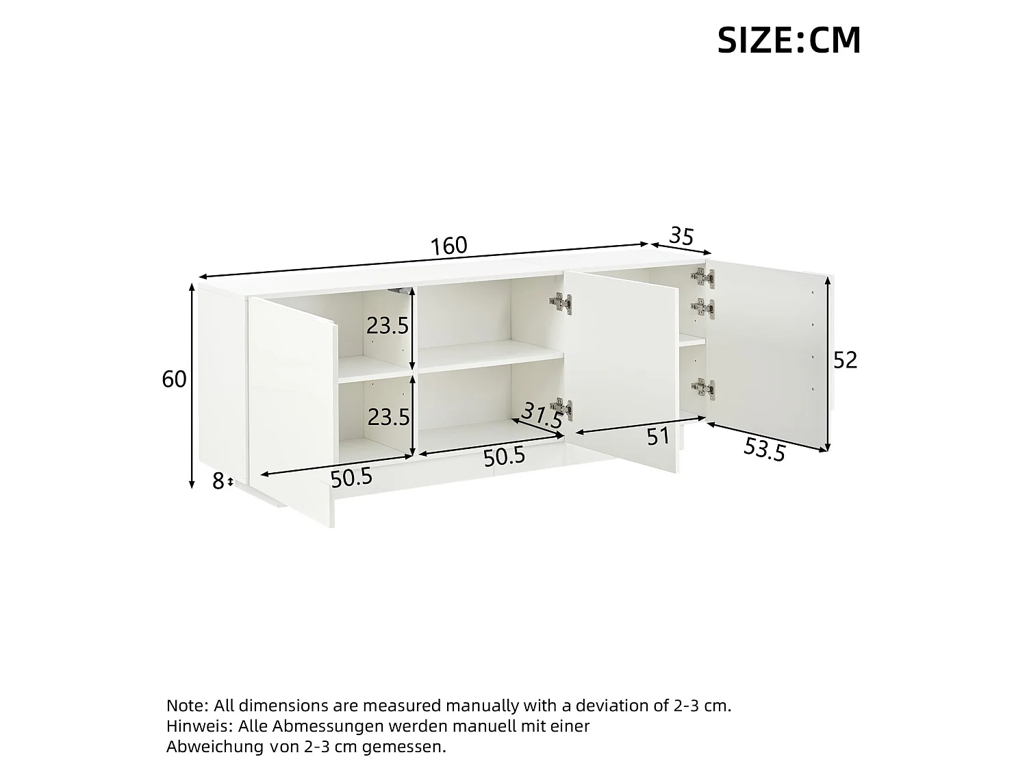 Buffet avec 3 portes et 6 étagères, finition brillante, blanc, 160 x 35 x 60 cm