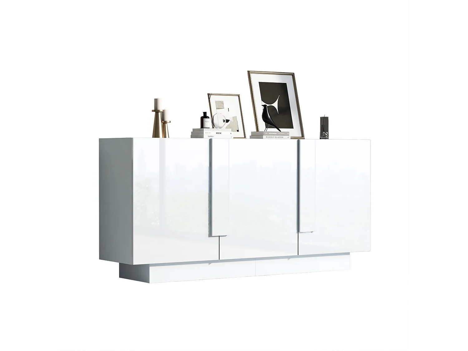 Buffet avec 3 portes et 6 étagères, finition brillante, blanc, 160 x 35 x 60 cm