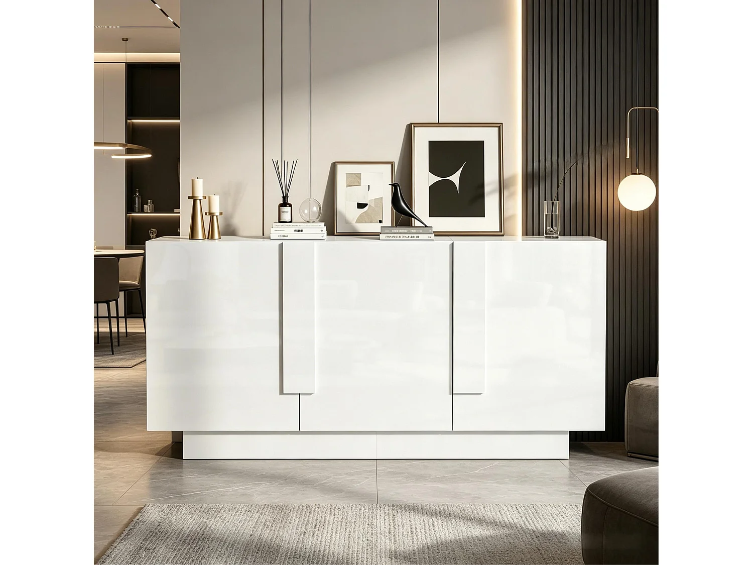 Buffet avec 3 portes et 6 étagères, finition brillante, blanc, 160 x 35 x 60 cm