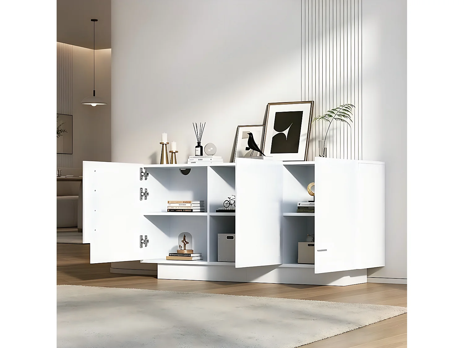 Buffet avec 3 portes et 6 étagères, finition brillante, blanc, 160 x 35 x 60 cm
