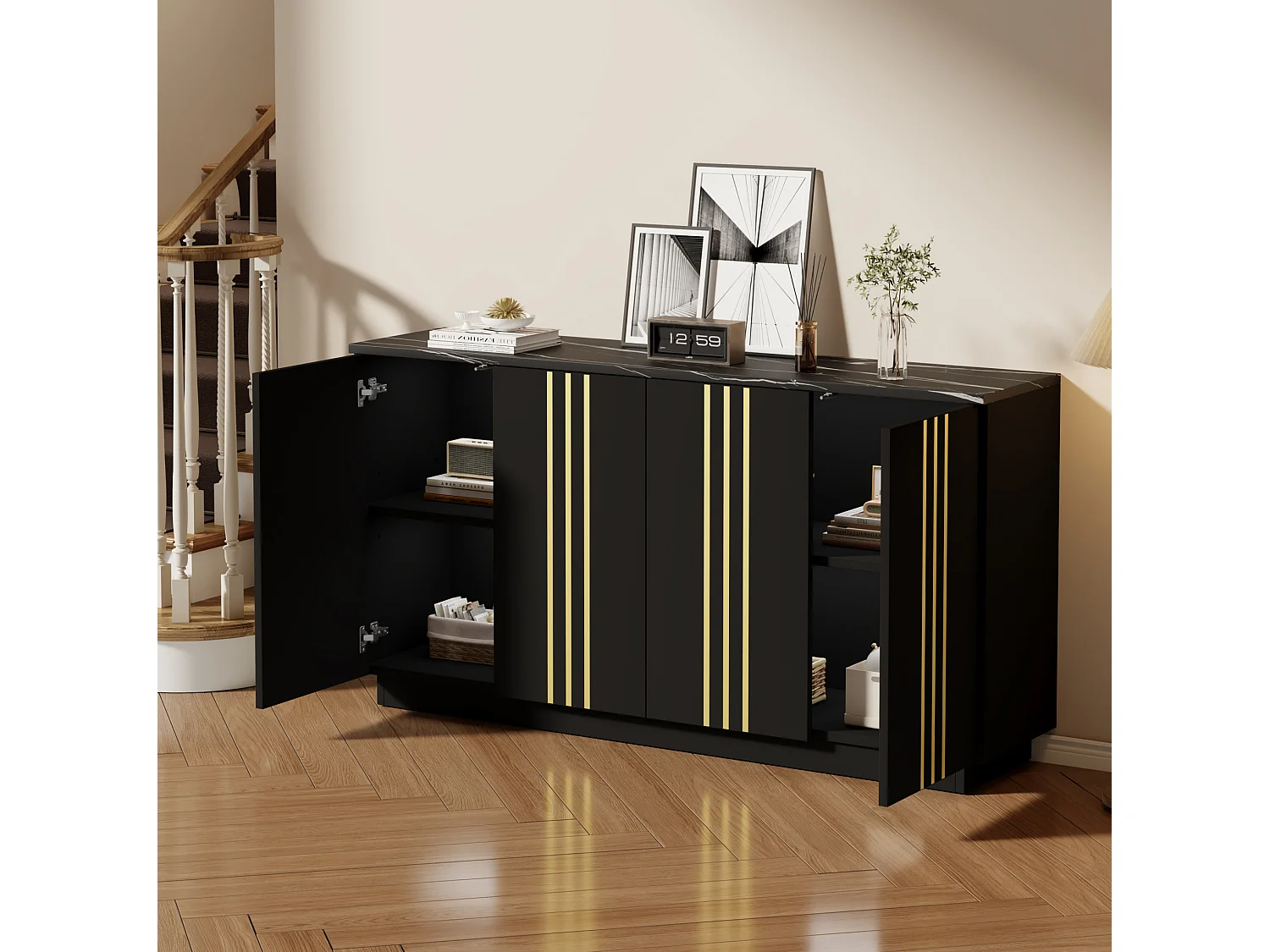Buffet avec 4 portes et cloisons réglables, noir et or, 140x35x70 cm