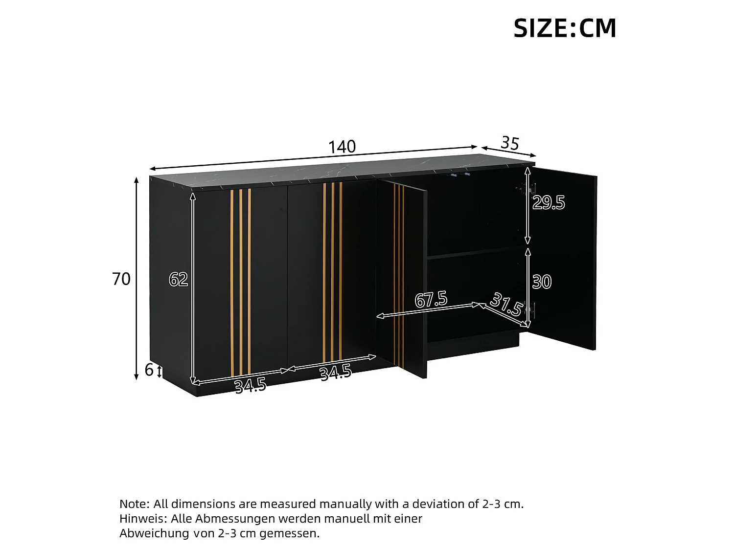 Buffet avec 4 portes et cloisons réglables, noir et or, 140x35x70 cm