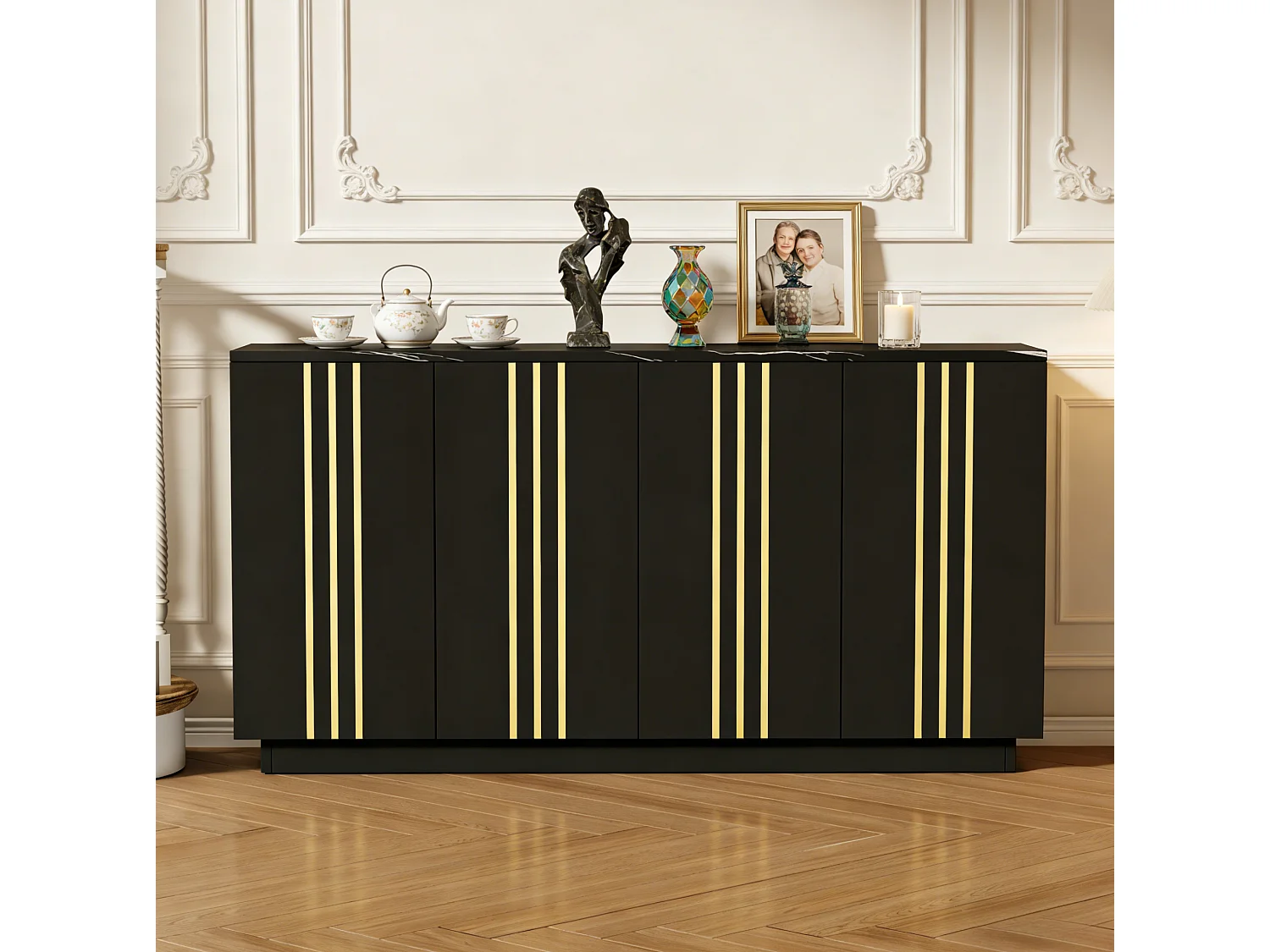 Buffet avec 4 portes et cloisons réglables, noir et or, 140x35x70 cm