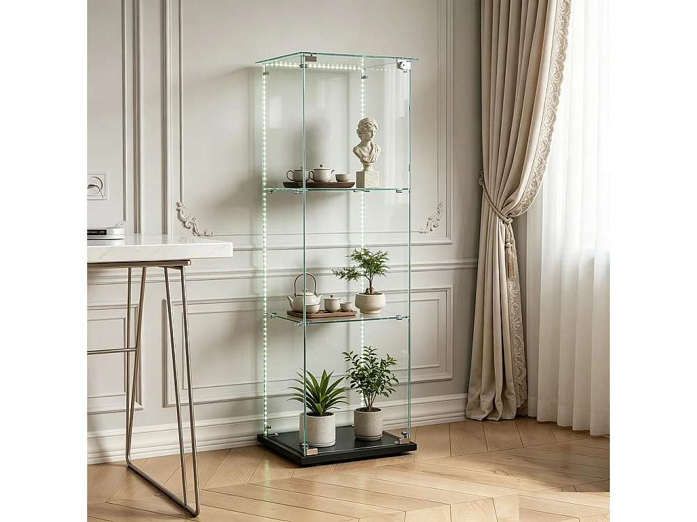 Plaque d'affichage transparente - 40 x 35 x 123 cm - Porte simple 3 couches avec éclairage LED - noir