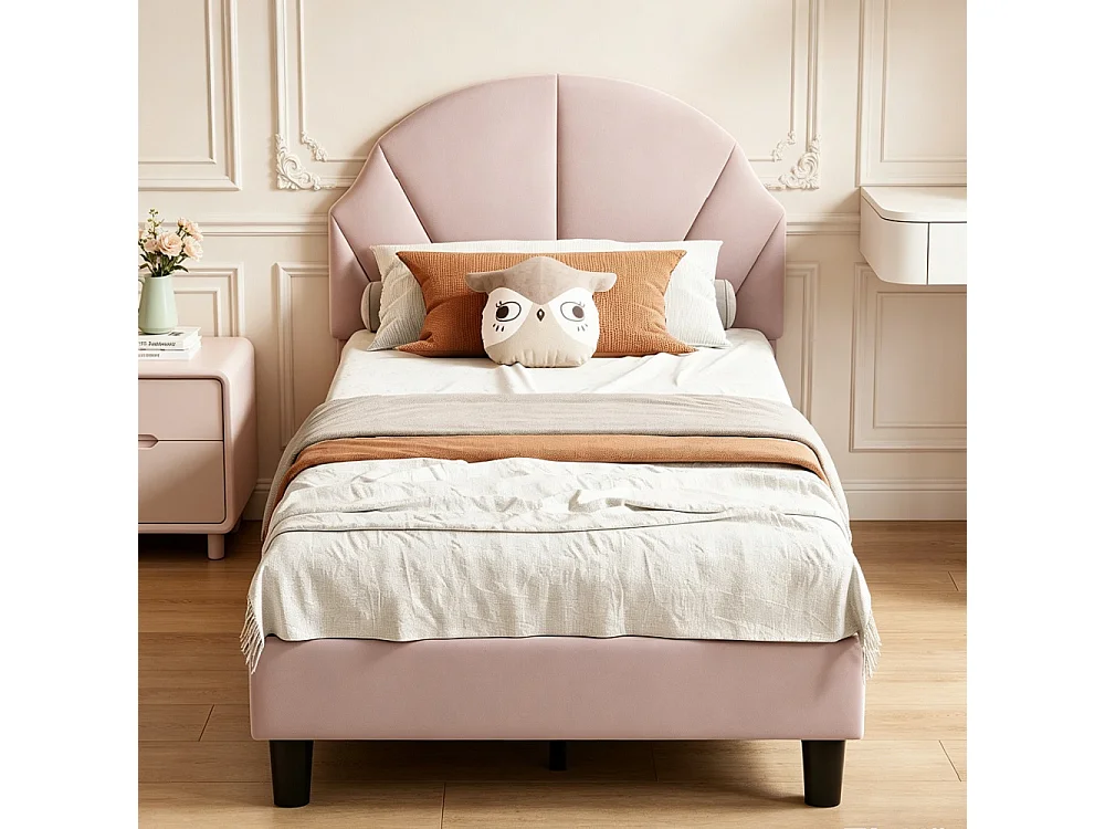 Cadre de lit pour enfants - 90 × 200 cm - Hauteur réglable en forme d'onde - velours - rose