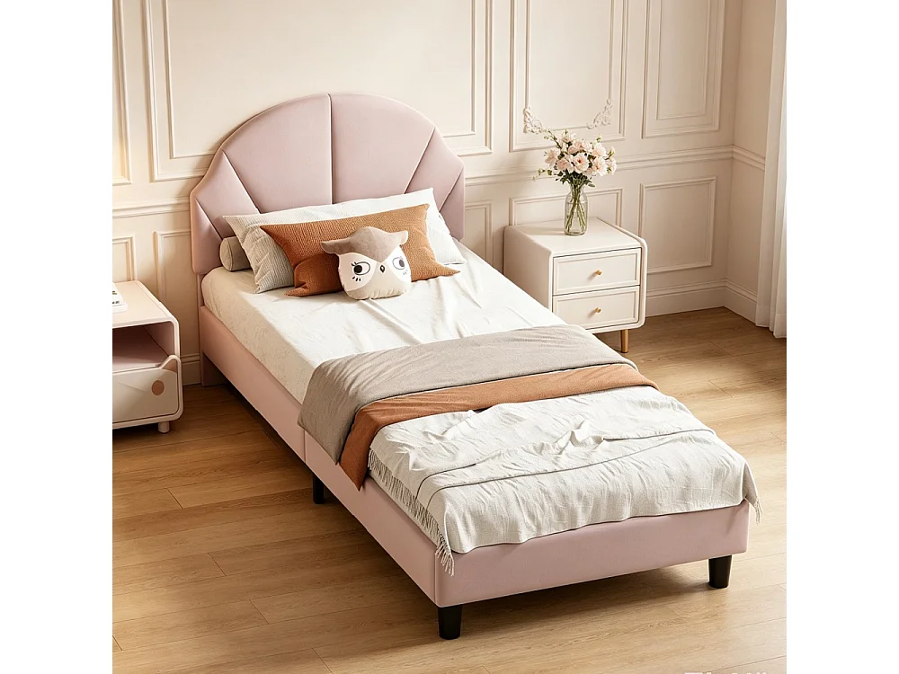 Cadre de lit pour enfants - 90 × 200 cm - Hauteur réglable en forme d'onde - velours - rose