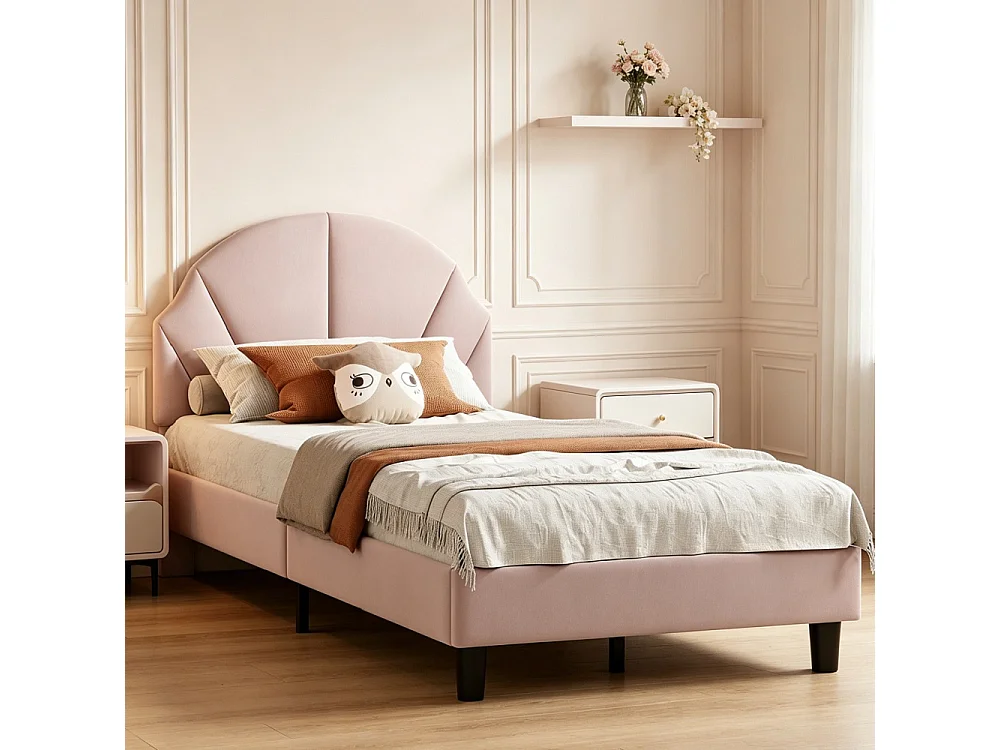 Cadre de lit pour enfants - 90 × 200 cm - Hauteur réglable en forme d'onde - velours - rose