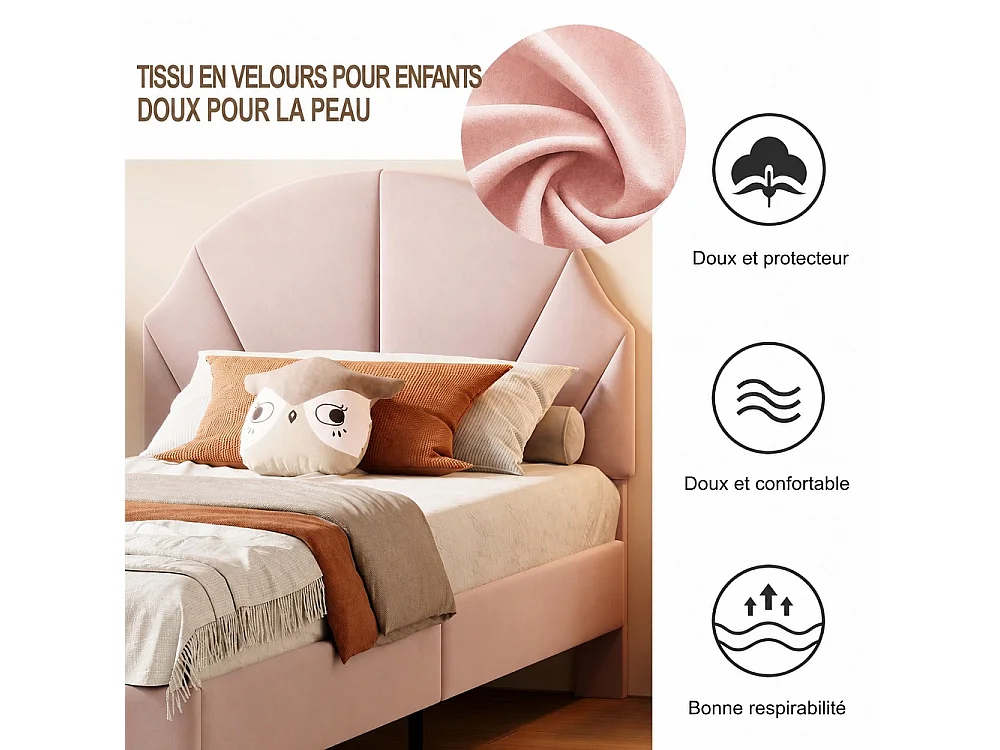 Cadre de lit pour enfants - 90 × 200 cm - Hauteur réglable en forme d'onde - velours - rose