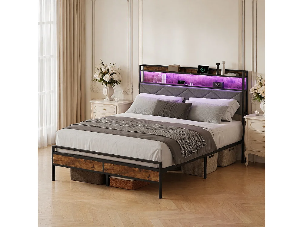 Cadre de lit en métal - 140 x 200 cm - avec tête de stockage et éclairage LED & charge USB - linge