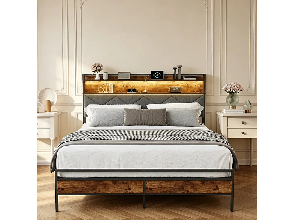 Cadre de lit en métal - 140 x 200 cm - avec tête de stockage et éclairage LED & charge USB - linge